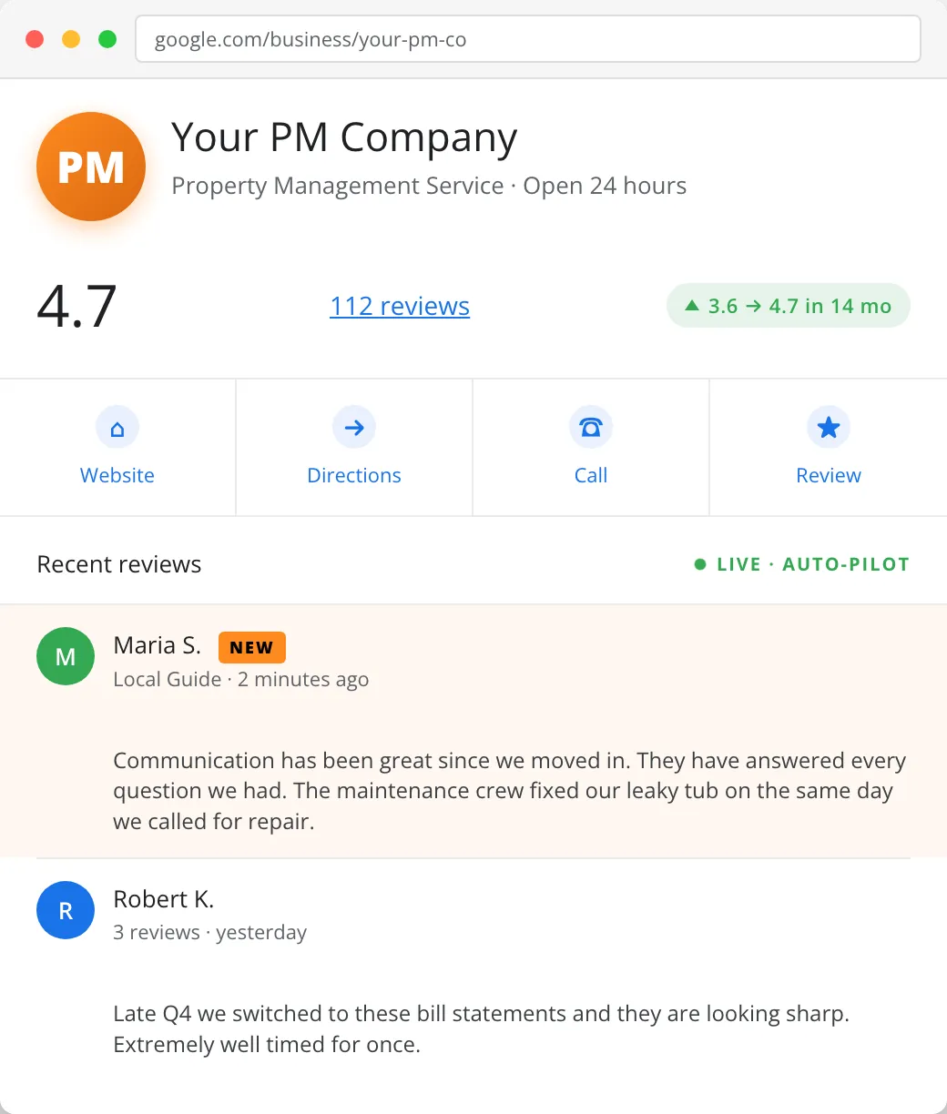Example Google Business Profile with a 4.7 rating and new five-star reviews