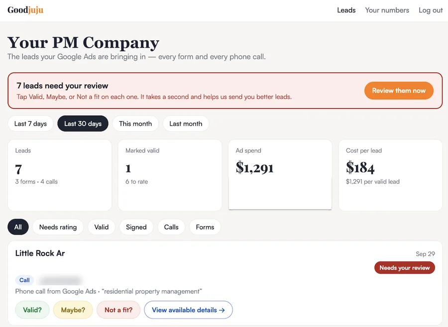 Google Ads client portal showing leads to review