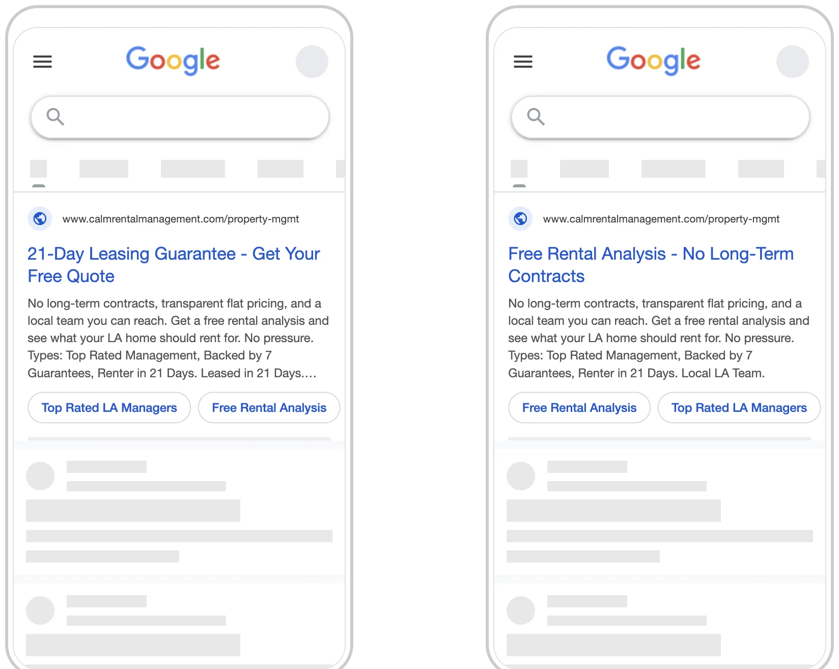 Two property management Google Ads on a phone: a 21-day leasing guarantee ad and a free rental analysis ad
